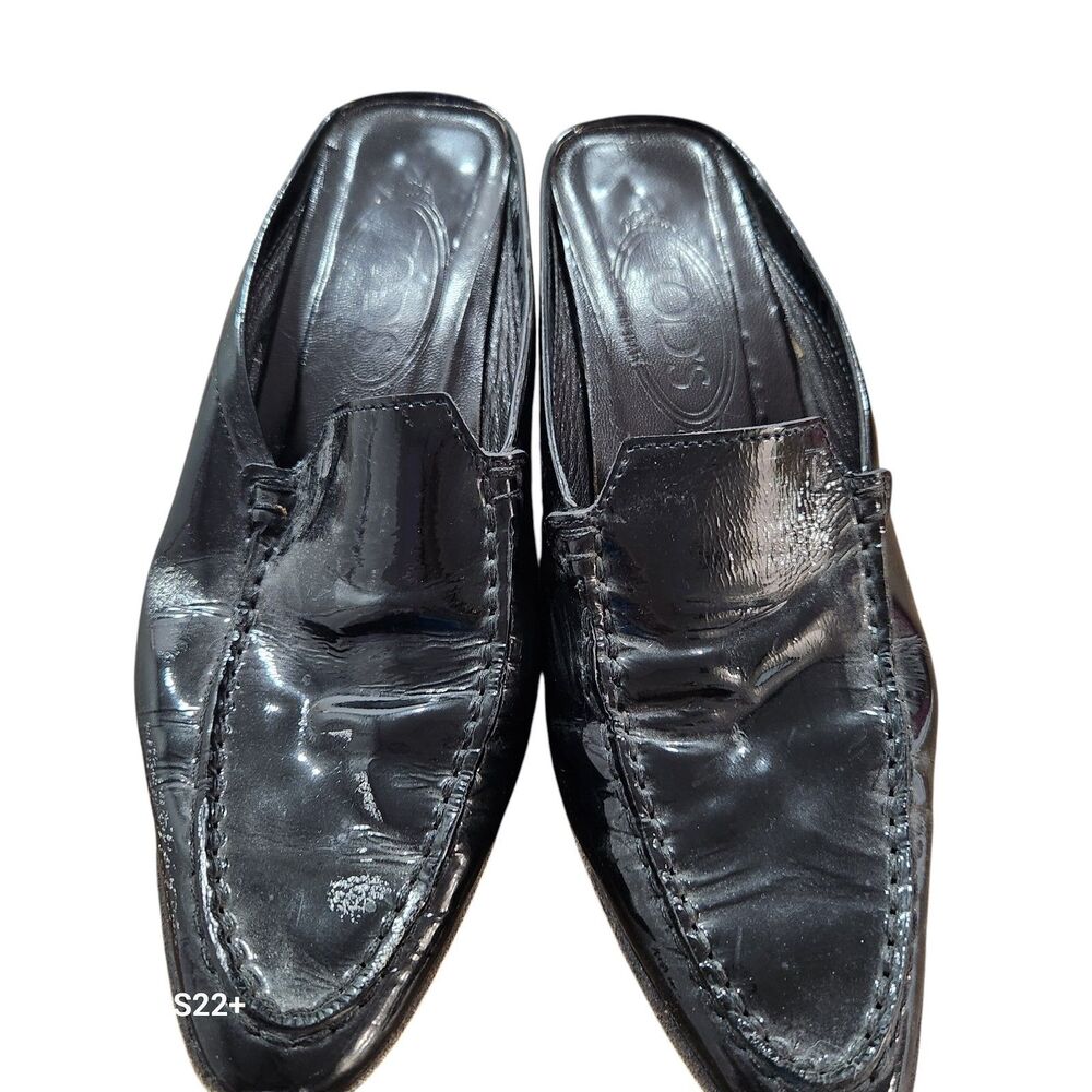 Tod’s Black Patent‎ Leather Mules Womens 6 Slip On Driving Shoe Heels